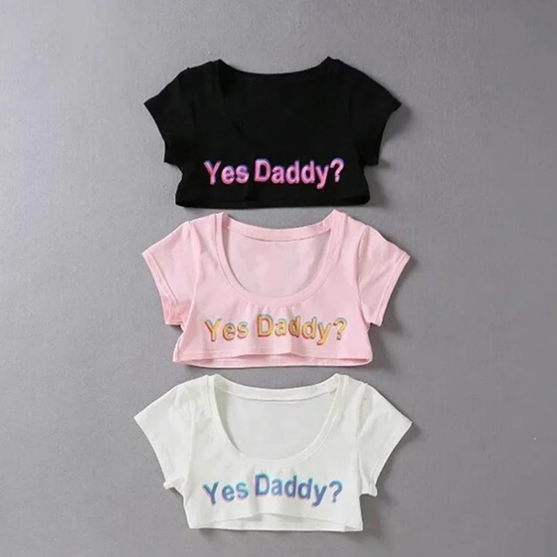 Women Letter Print Short Sleeve Yes Daddy Short Top Sleeve Crop Running T Shirt - Image 2