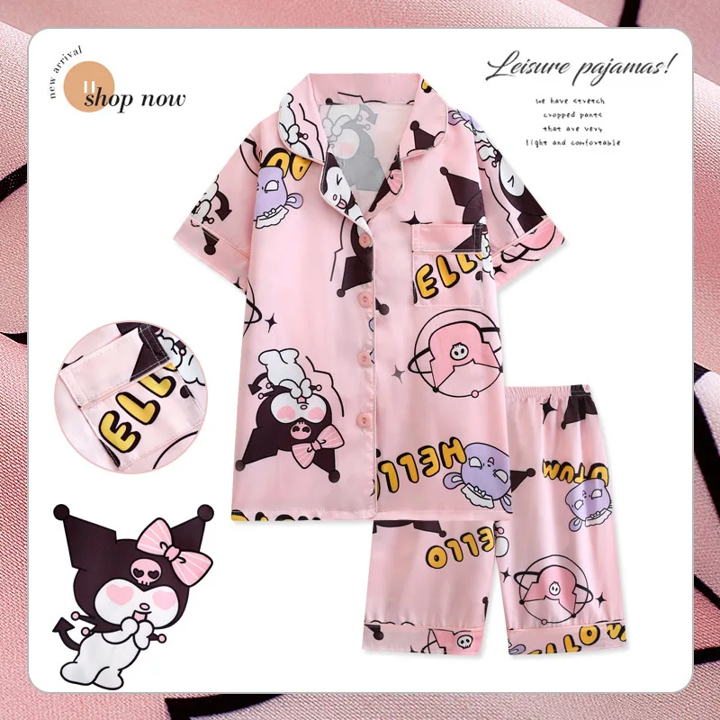 Girls Ice Silk Pajamas Set Children's Sanrio Hello Kitty Cartoon Turn-down Collar Short Sleeve Top + Shorts 2Pcs Kids Nightwear - Image 3
