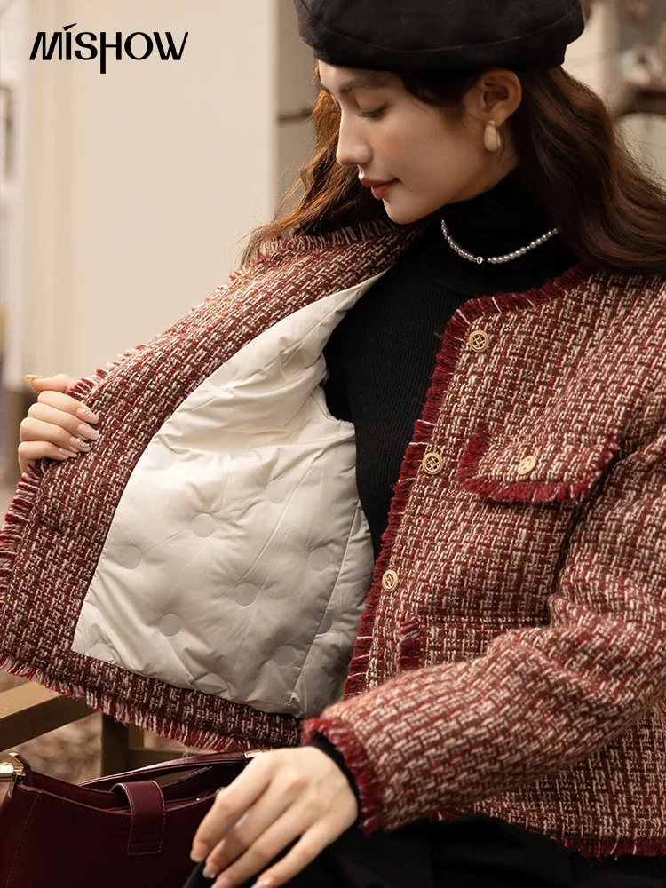MISHOW Down Wool Coats 2025 Winter Clothes Women Chic Short Plaid Outerwear Temperament Warm Female O Neck Jackets MXB48W0888 - Image 2