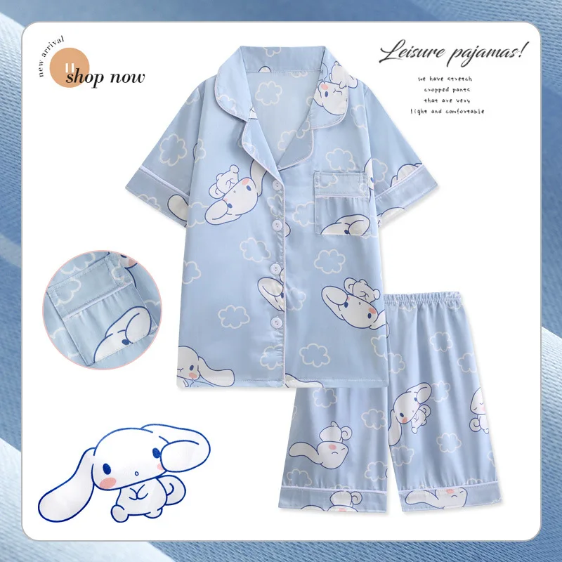 Girls Ice Silk Pajamas Set Children's Sanrio Hello Kitty Cartoon Turn-down Collar Short Sleeve Top + Shorts 2Pcs Kids Nightwear - Image 6