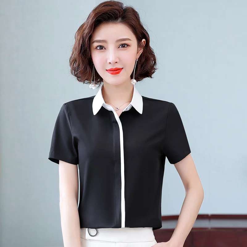 Summer New Women'S Short Sleeved Patchwork Temperament Chiffon Shirt Korean Fashionable Versatile Lapel Professional Top Female - Image 4