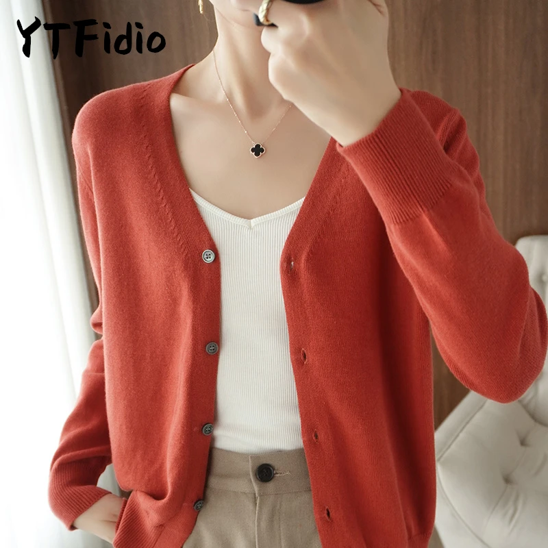 YTFidio 100% Cotton Women V-neck Long Sleeve Knitwear Cropped Coat Cardigans Sweaters Solid Casual 202 - Image 2