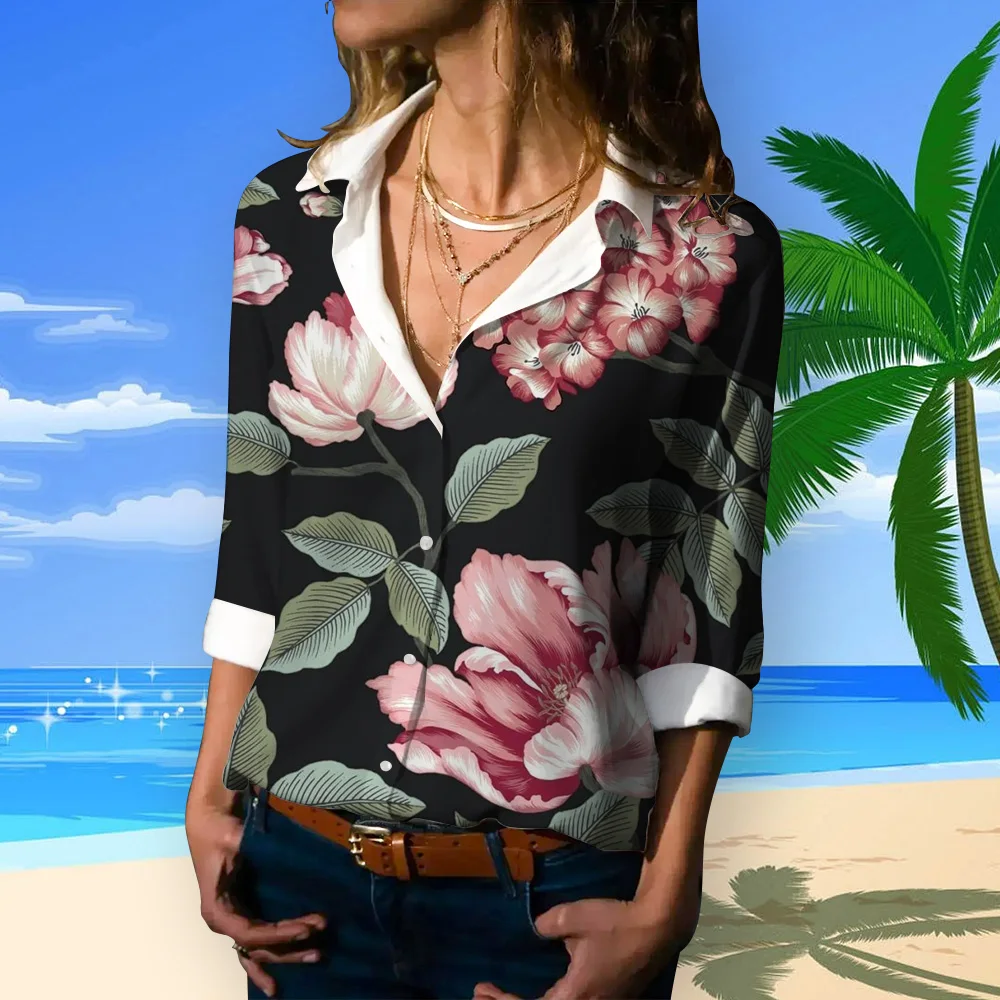 2024 Summer Autumn Floral Shirts Button Long Sleeve Shirts Fashion Basic Shirt Female Clothing Elegant and Youth Woman Blouses - Image 3