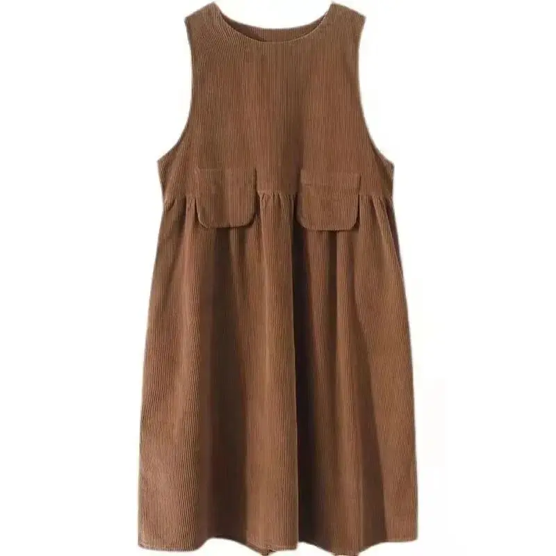 Corduroy Strap Dress for Women 2024 Autumn/Winter New Style Retro Style Small Loose Medium Length Tank Top Skirt - Image 6