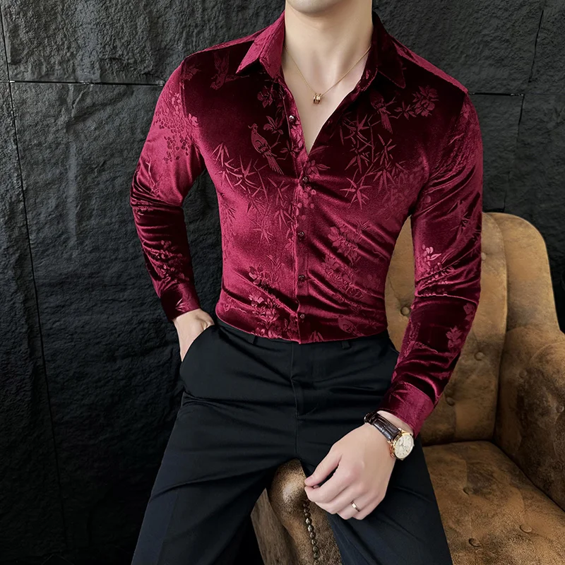 Luxury Velvet Velvet Shirt Men 2024 Spring Slim Casual Dress Shirts Social PartyTuxedo Blouse Camisas Para Hombre Men Clothing - Image 5