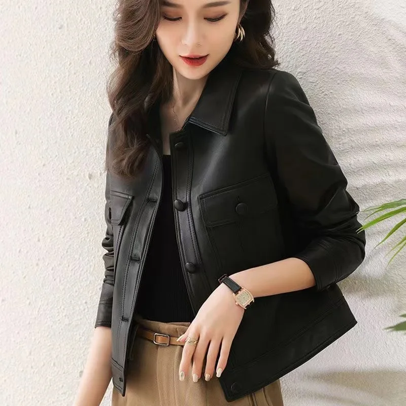 Lapel PU Leather Jacket Women 2024Spring Autumn New Coat Fashion Locomotive Goddess Overcoat High Quality Short Outerwear Female - Image 2