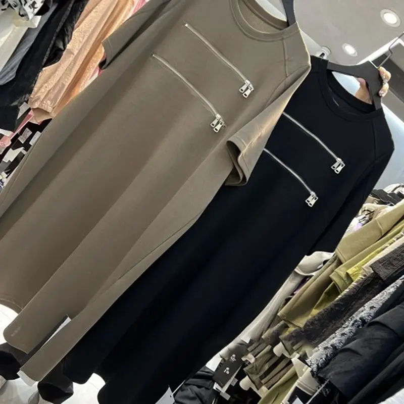 Summer New Zipper Patchwork T Shirt Dress Short Sleeve Round Neck Solid Plus Size Ladies Dresses Fashion Casual Women Clothing - Image 6