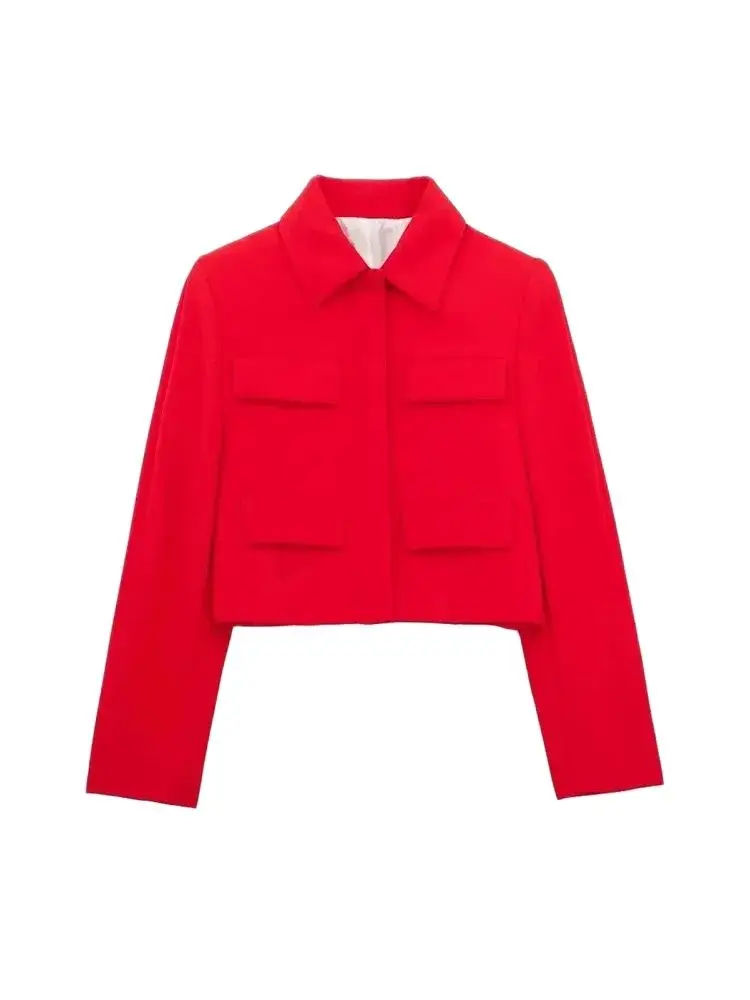 TRZA Women Fashion With Flaps Cropped Blazer Coat Vintage Long Sleeve Snap-button Female Outerwear Chic Tops - Image 5
