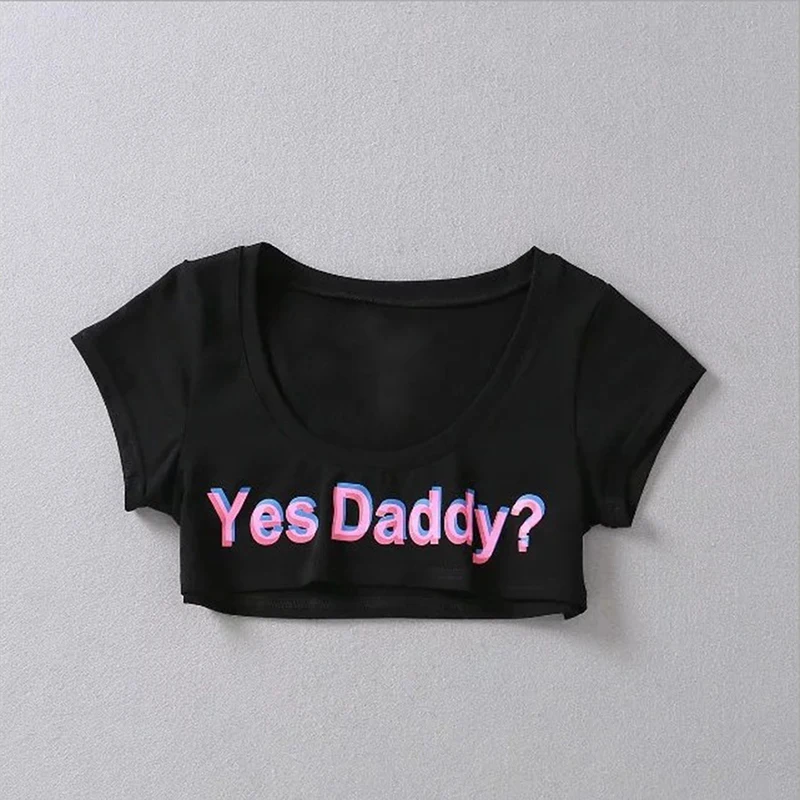 Women Letter Print Short Sleeve Yes Daddy Short Top Sleeve Crop Running T Shirt - Image 4