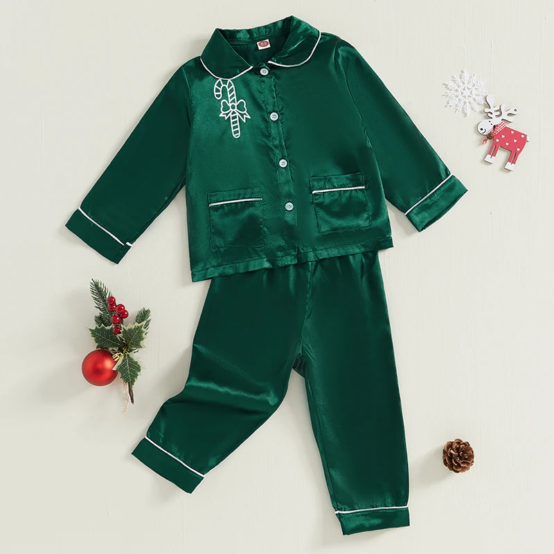 1-5Years Kids Boys Girls Christmas Pajamas Set Candy Cane Print Long Sleeve Shirts Long Pants 2 Pieces Lounge wear Sleepwear - Image 2
