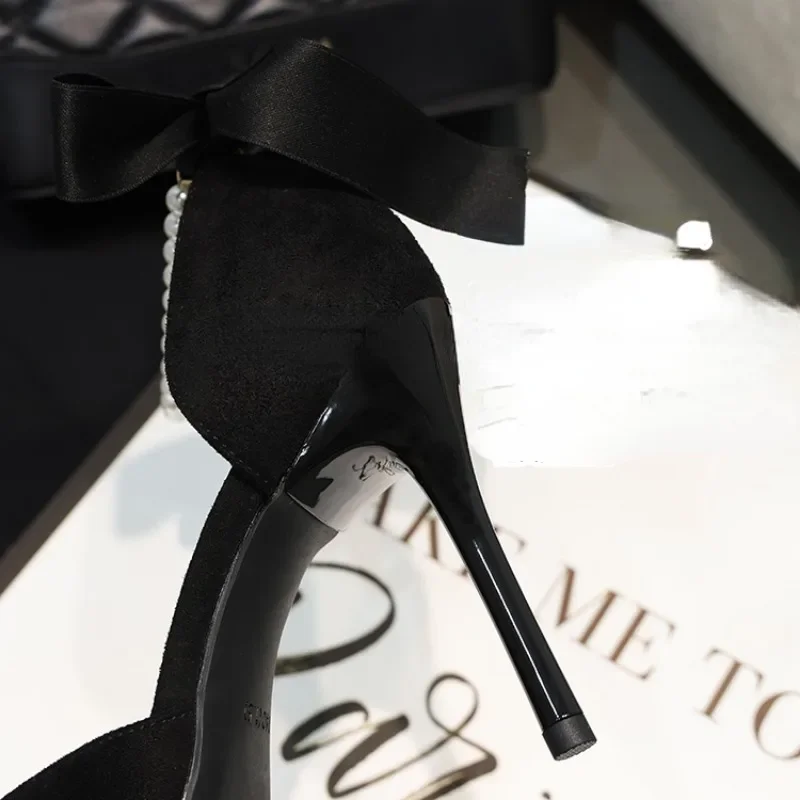 Black Women's Pumps Summer New Brand Design String Bead Pearls Wedding Bridal High Heels Sexy Pointed Toe Party Dance Shoes - Image 6