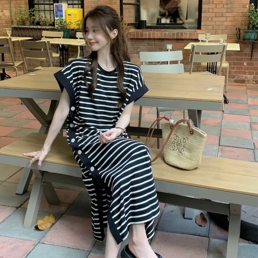 2024 New Casual Korean Striped O-neck Short Sleeve Long Dress Ladies Simplicity Patchwork Loose Tshirt Dress Women Clothing - Image 2