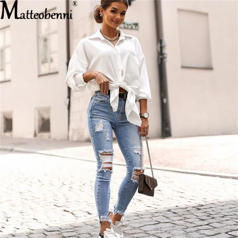 Summer 2022 Ripped Light Blue Jeans Women's Slim Knee Cut Hole Length Casual Pencil Pants Retro Jeans - Image 5