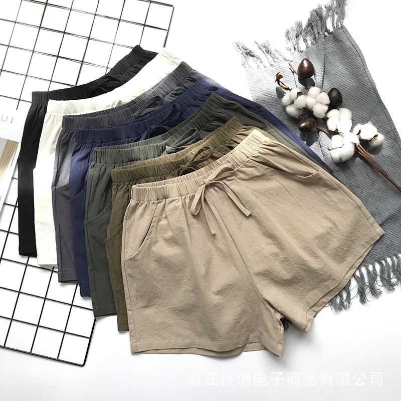Cotton Linen Shorts Women's Sports Shorts Summer Solid High Waist Black Shorts Women Fashion Plus Size Casual Basic Short Pants - Image 3