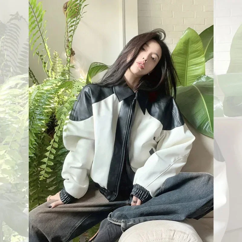 American Fashion Retro Slim Loose Commuting Simple Leather Motorcycle Coat Women's Spring and Autumn Premium Baseball uniform Ja - Image 4