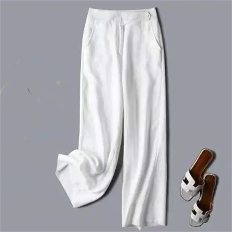 Spring Summer Women Cotton And Linen Wide Leg Pants Female Solid Color Loose Flax Straight Leg Trousers Ladies Leisure Pantalons - Image 3