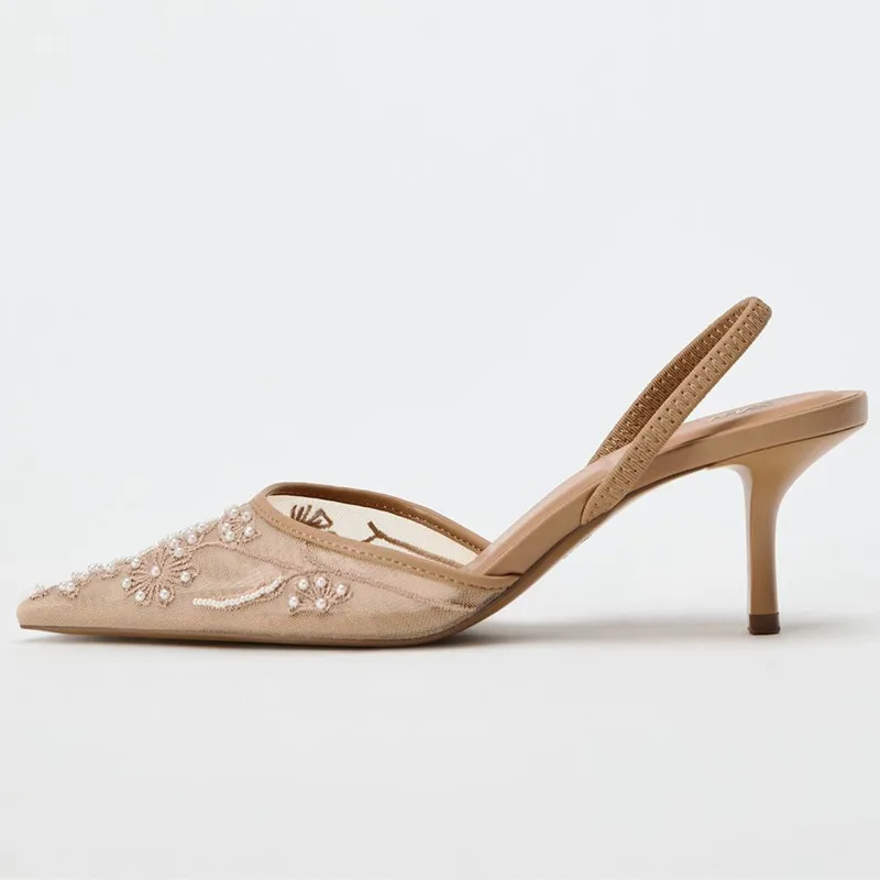 Luxury Mesh Embroidery High Heels Women Sexy Pointed Toe String Bead Slingback Heeled Sandals Summer Elegant Banquet Dress Shoes - Image 3