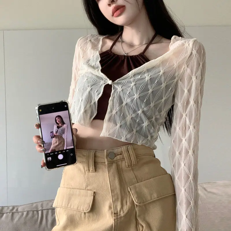 Summer Thin Sun-proof Cardigans Women Crochet Midriff-baring Tops Short Leisure All-match Y2k Korean Style Daily Slim Fashion - Image 3