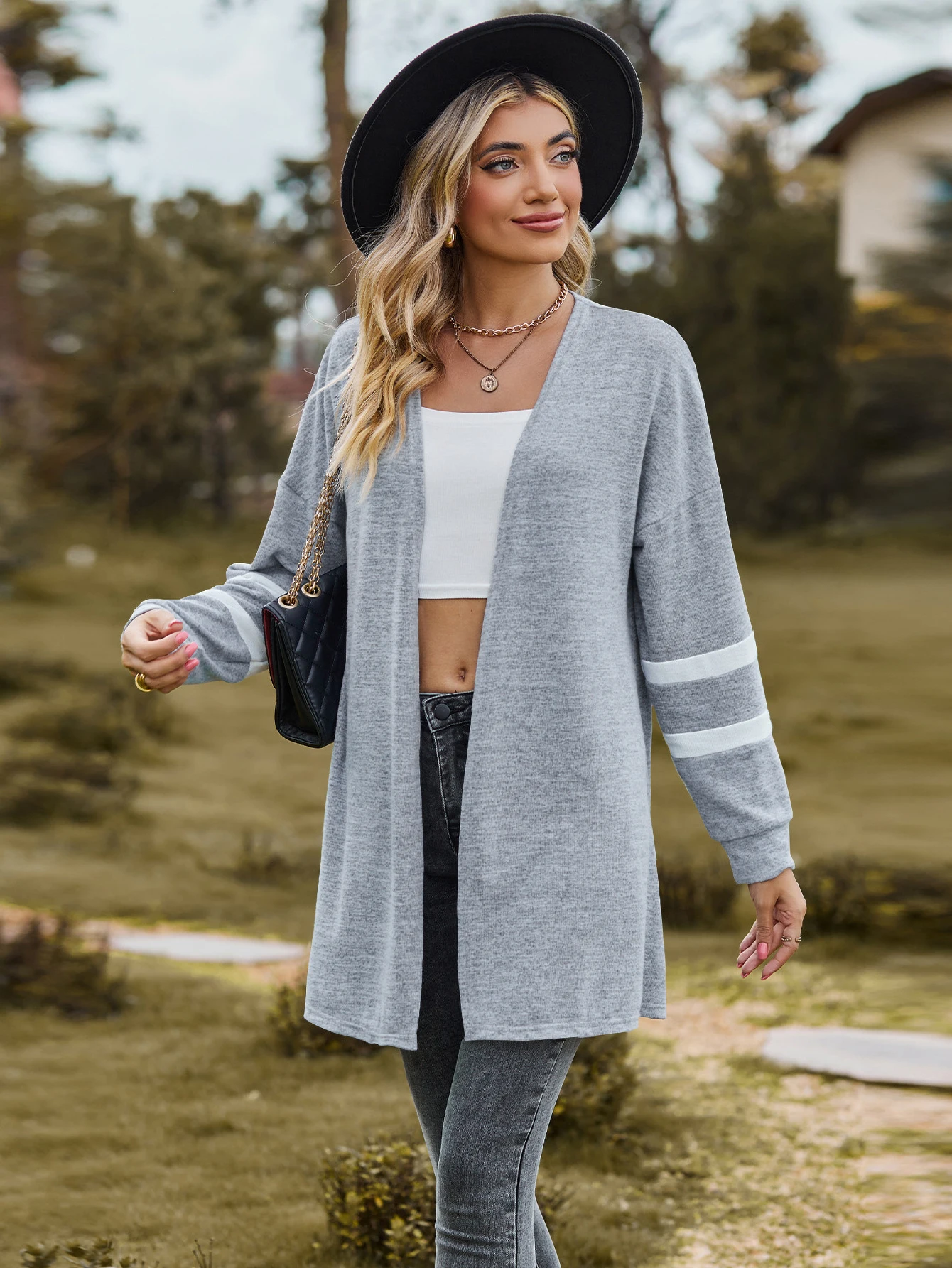 2025 Spring/Summer Collection - Boho Riche Versatile Waterfall Collar Cardigan - Color-Contrast Splicing, Regular Sleeve Knit Sw - Image 5