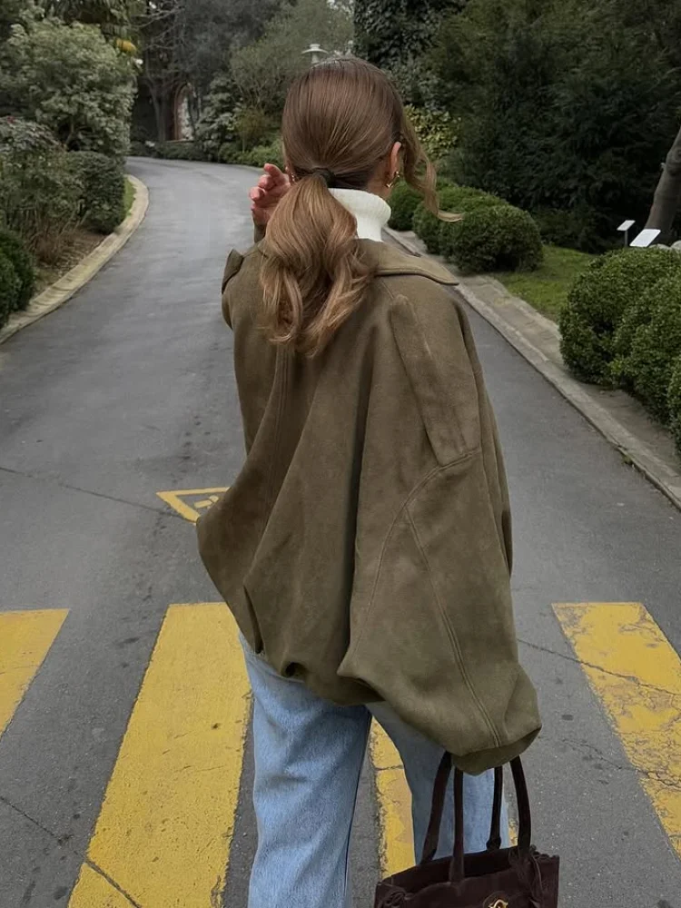 Women Green Suede Leather Jacket 2025 Fashion Oversized Full Sleeve Lapel Bomber Coat Female High Street Outerwears New Spring - Image 2