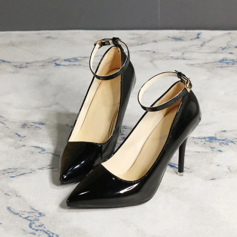 One Word Buckle High Heels 2022 Spring New Patent Leather Stiletto Heel Work Pumps Large Pointed Shallow Mouth Women's Shoes - Image 2