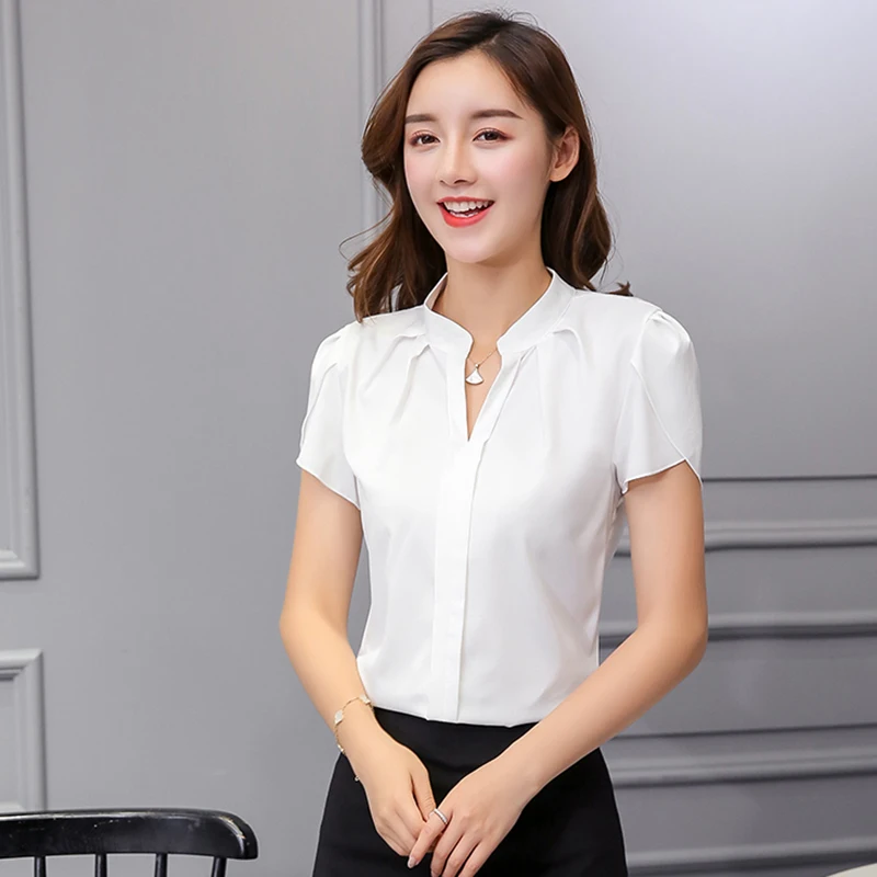 Women Chiffon Shirt Korean Elegant Slim Folds Short Sleeve Women Blouse New Casual Office Stand Collar All Match Ladies Tops - Image 2