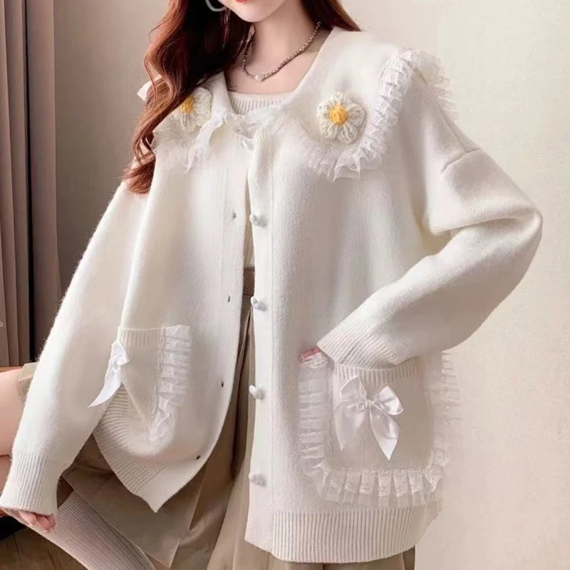 Sweet Peter Pan Collar Pockets Bow Lace Cardigan Sweaters Female Clothing 2024 Autumn Winter New Loose Knitted Young Style Tops - Image 6