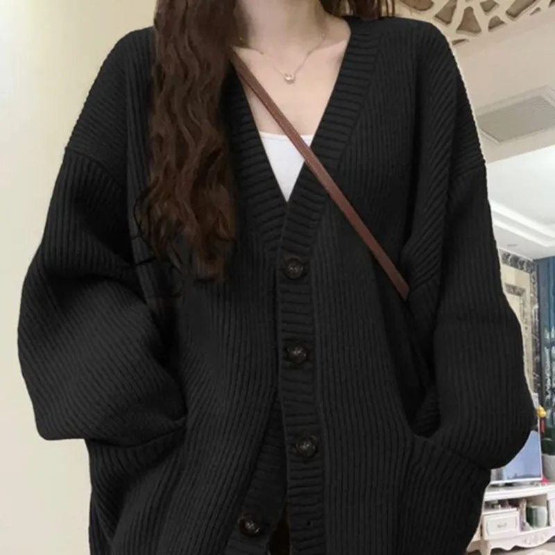 Loose Cardigan Women Long Sleeve V-neck Knitted Black Slouchy All-match Female Autumn Winter Coats Korean Style Chic Baggy Tops - Image 4