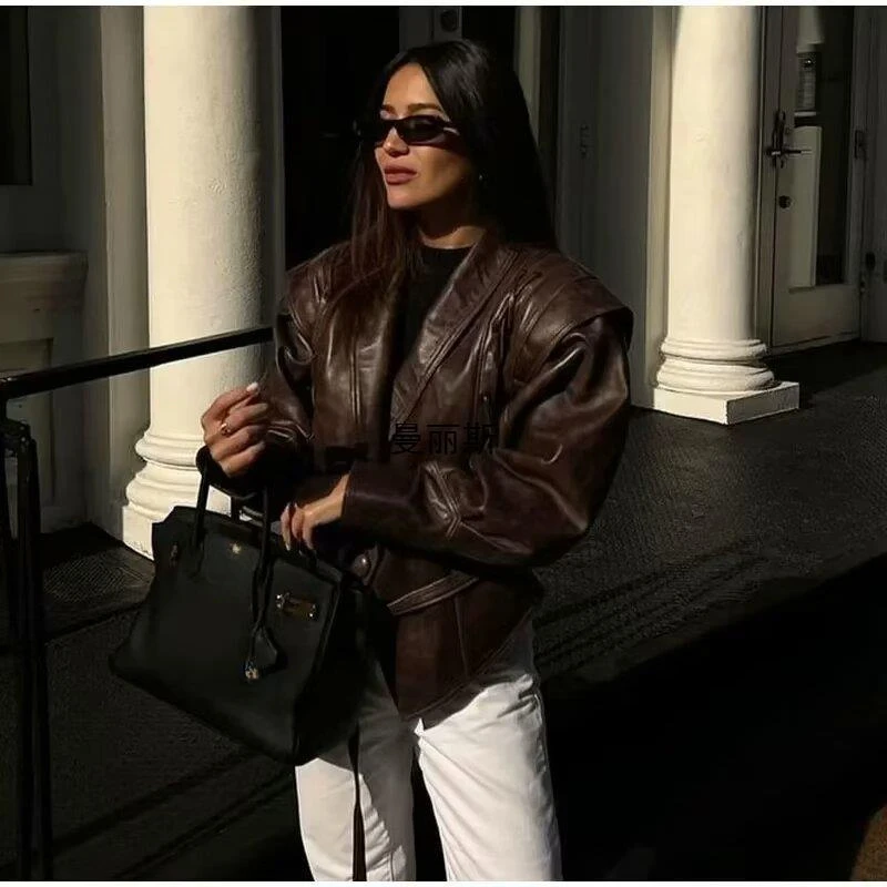Suninheart Autumn and Winter Faux Leather Jackets for Women 2024 Chic Dropped Shoulder PU Jacket Coat Casual Office Lady Blouse - Image 3