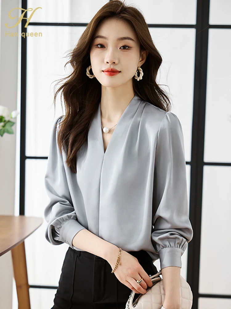 H Han Queen Korean Basic Shirts Woman Vintage Clothing Chiffon Long Sleeve Top Casual Female Work Wear Office Shirts And Blouses - Image 6