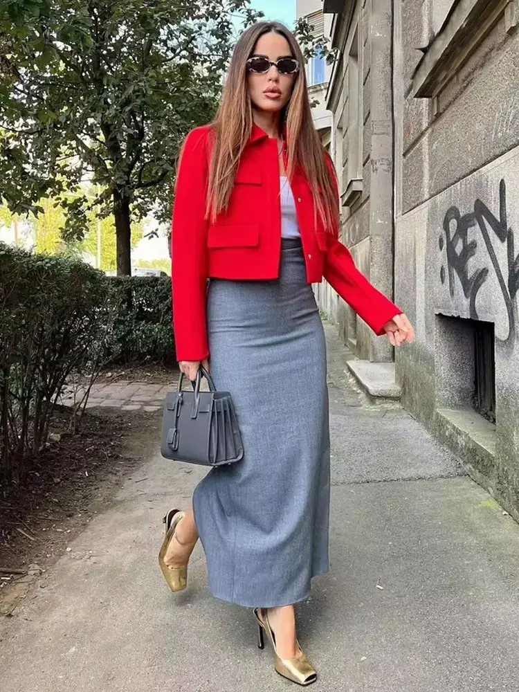 TRZA Women Fashion With Flaps Cropped Blazer Coat Vintage Long Sleeve Snap-button Female Outerwear Chic Tops - Image 3