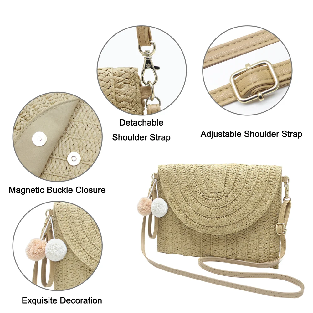 Handmade Ladies Straw Woven Bags Women Summer Holiday Beach Casual Clutch Purse Elegant Shoulder Handbag Raffia Envelope Wallets - Image 6