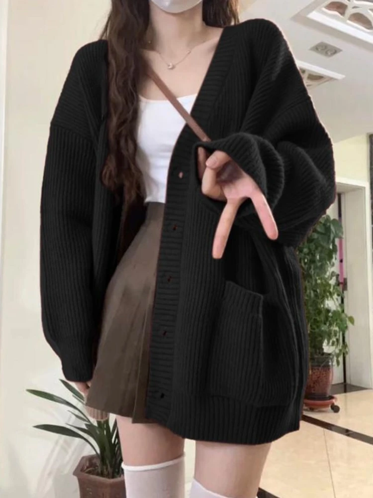 Loose Cardigan Women Long Sleeve V-neck Knitted Black Slouchy All-match Female Autumn Winter Coats Korean Style Chic Baggy Tops - Image 2