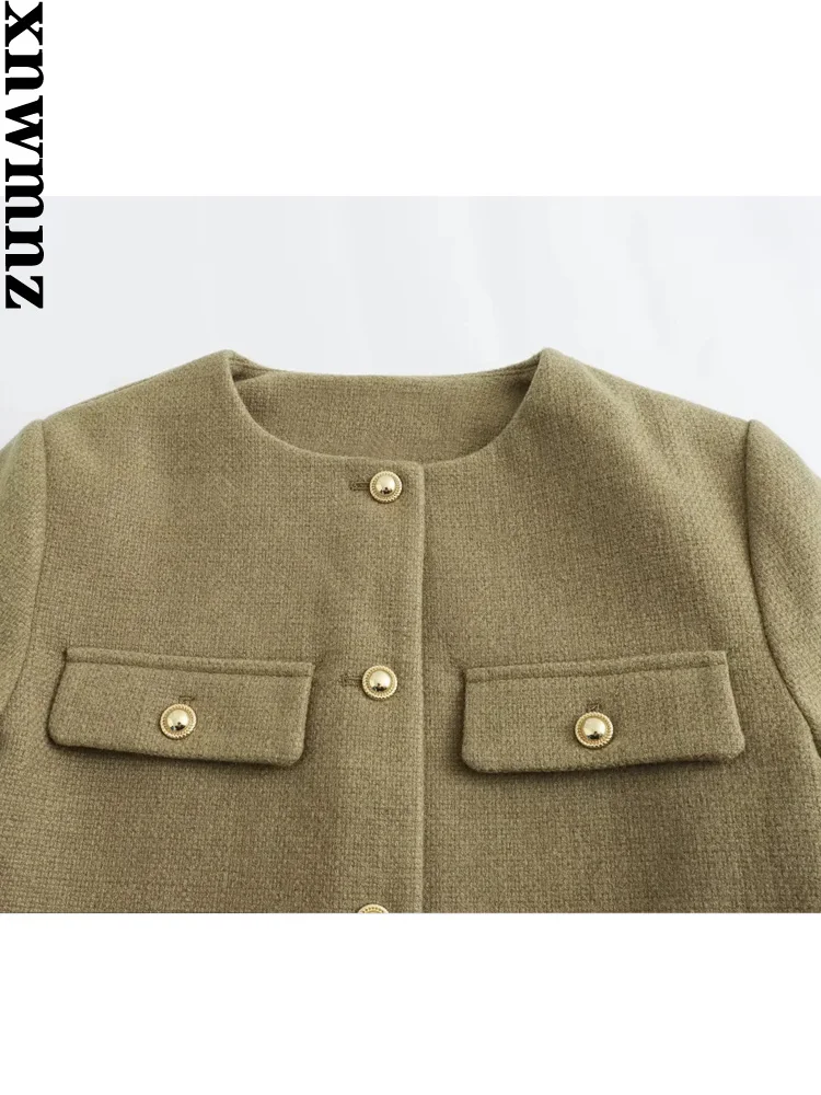 XNWMNZ Women's Fashion 2023 Autumn/Winter Flap Pocket Crop Jacket Women Vintage O Neck Long Sleeve Versatile Female Blazer - Image 5