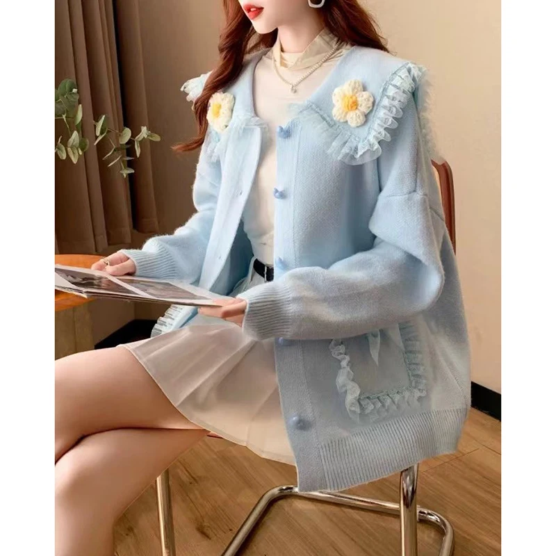 Sweet Peter Pan Collar Pockets Bow Lace Cardigan Sweaters Female Clothing 2024 Autumn Winter New Loose Knitted Young Style Tops - Image 2