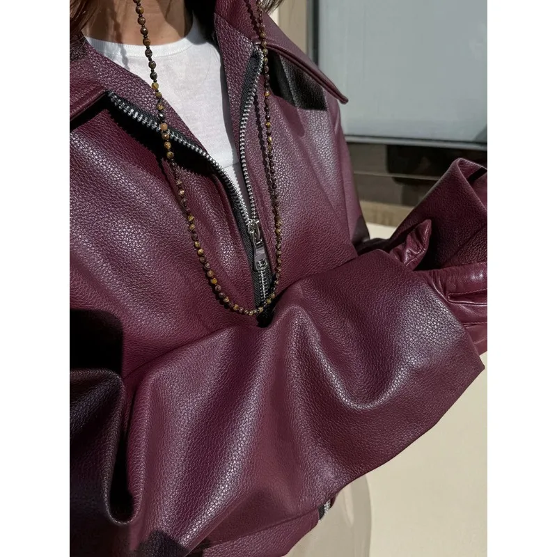 Angola Red Jacket Leather Motorcycle Street Fashion 2024 Autumn and Winter New Top Women's Elegant Coat - Image 6