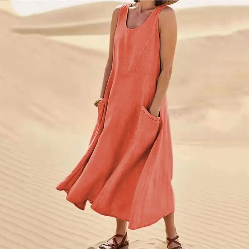 Vintage Sleeveless Tank Dress Women Elegant Round Neck Solid Cotton Linen Vestidos Summer Casual Loose Pockets Long Dresses - Image 5