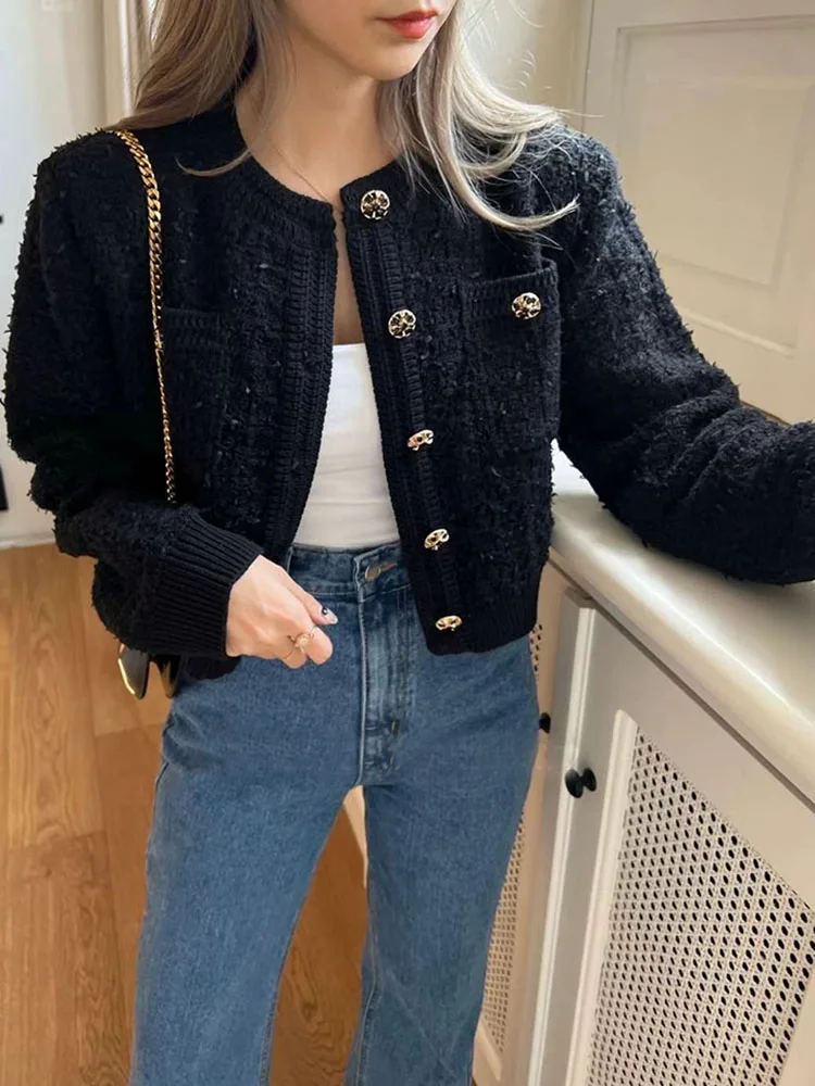 Zoki Sweet Women Vintage Cardigan Sweaters American Casual Long Sleeve O Neck Tops Fall Retro Female Single Breasted Cardigan - Image 4