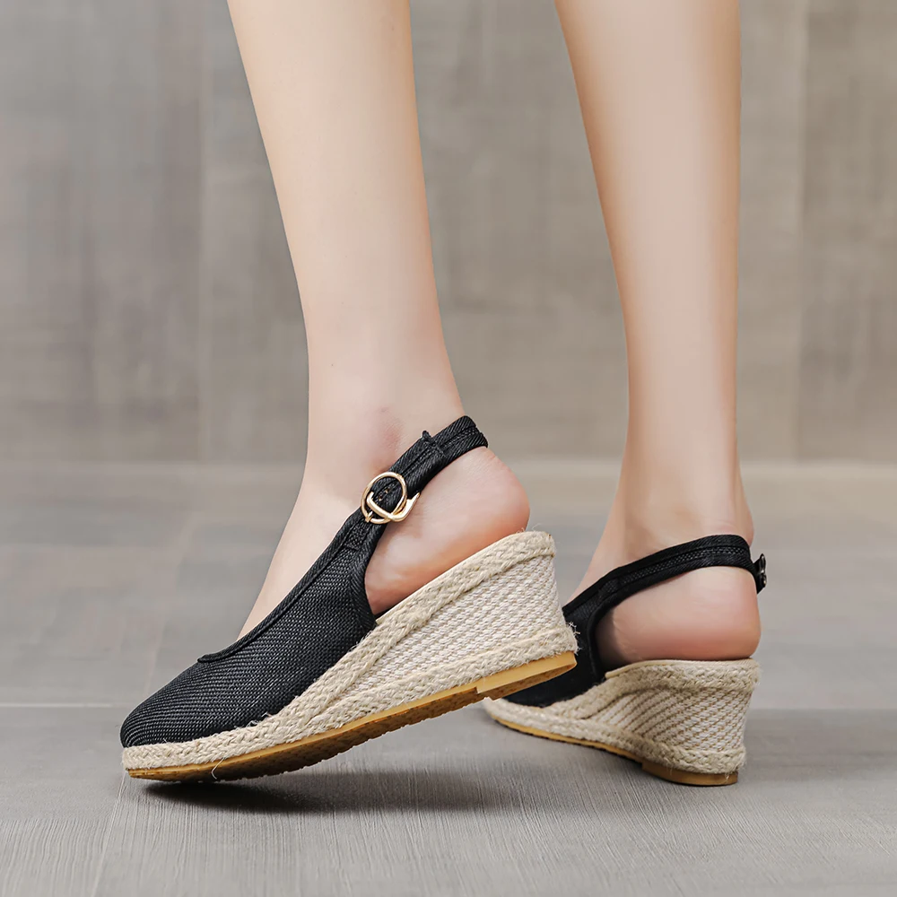 Veowalk Women Linen Cotton 6cm High Wedge Espadrilles Sandals Summer Bohemian Elegant Ladies Slingbacks Closed Toe Hemp Shoes - Image 2