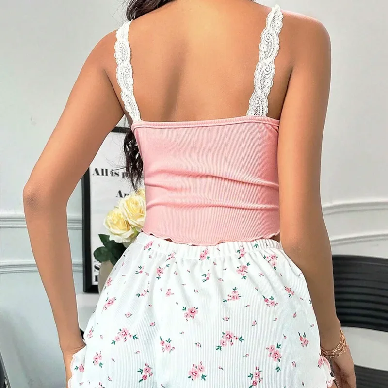 Sexy Female Nighties Women Pajama Set Lace Patchwork V-Neck Sleepwear Cami Top Printed Shorts Soft 2psc Pyjamas Loungewear - Image 3