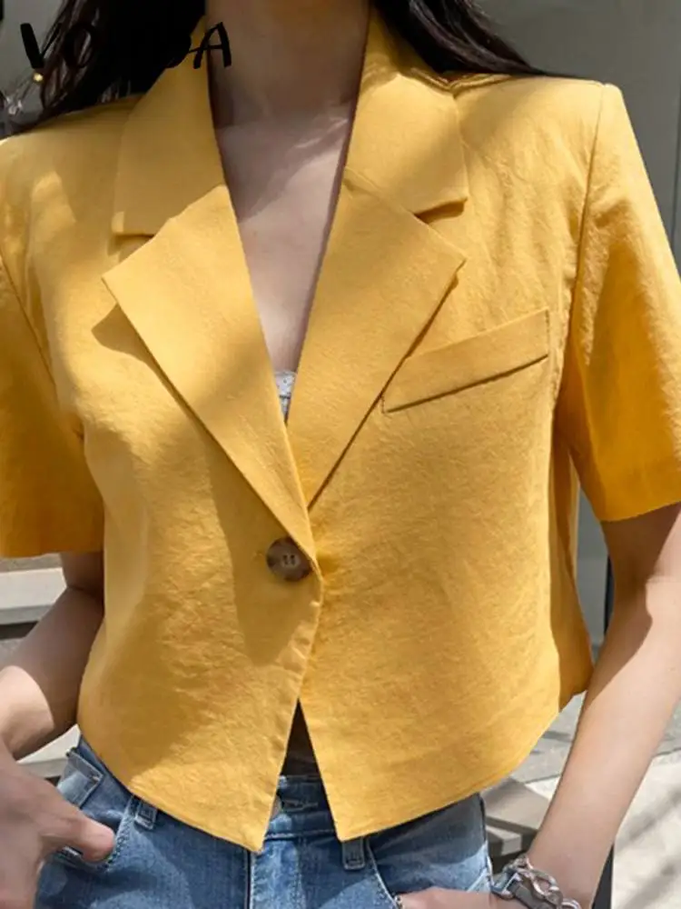 VONDA Elegant Summer Blazer Women Short Sleeve Suit Collar OL Coat 2023 Fashion Outwear Solid Color Casual Button Tunic Tops - Image 2