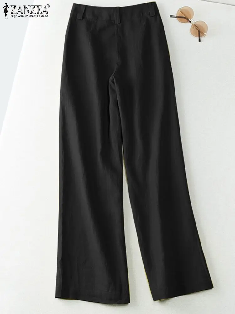 ZANZEA 2025 Spring Summer Fashion Women Pants Cotton Linen Long Trousers Wide Leg Plain Holiday Casual Pants Streetwear Bottoms - Image 5