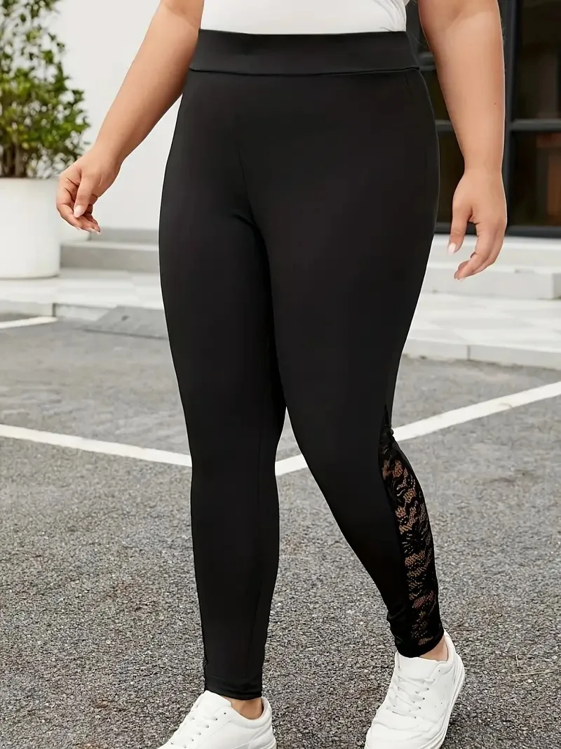 GIBSIE Plus Size Ladies Black Contrast Lace Leggings For Women Spring Summer High Waist Female Casual Skinny Leggings Bottoms - Image 5