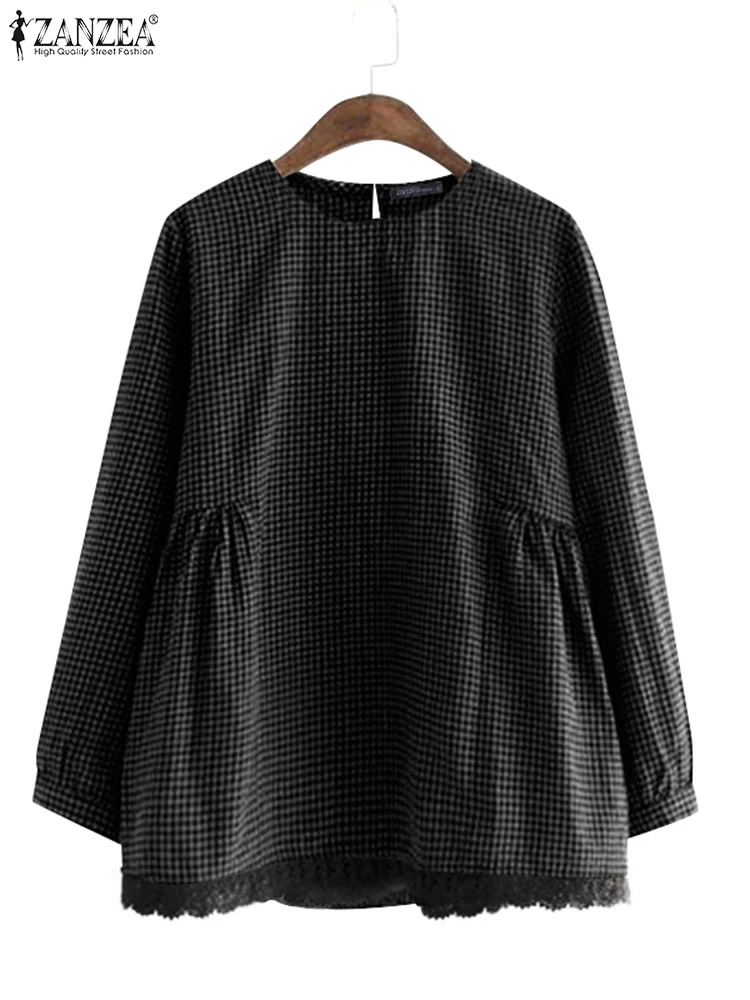 ZANZEA Women Casual Plaid Blouse Korean Lace Patchwork Tops Shirt 2024 Autumn Loose Long Sleeve Tunic Harajuku Round Neck Blusas - Image 2