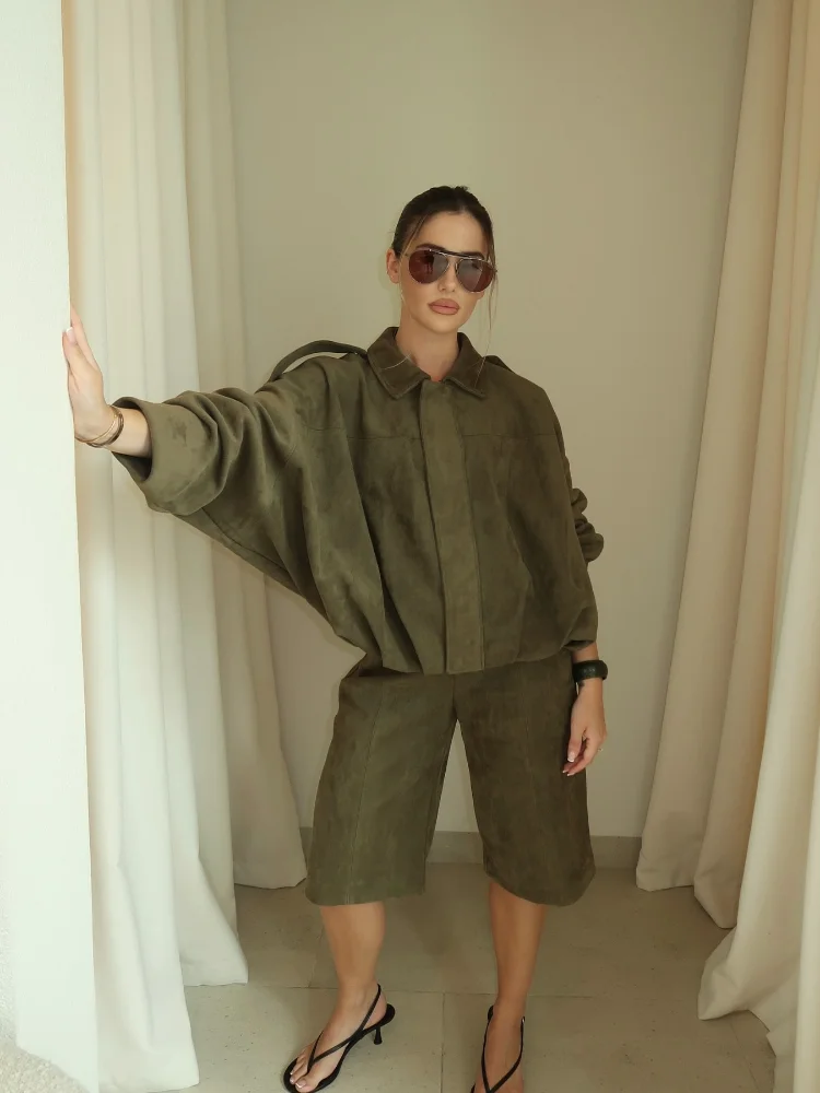 Women Green Suede Leather Jacket 2025 Fashion Oversized Full Sleeve Lapel Bomber Coat Female High Street Outerwears New Spring - Image 4