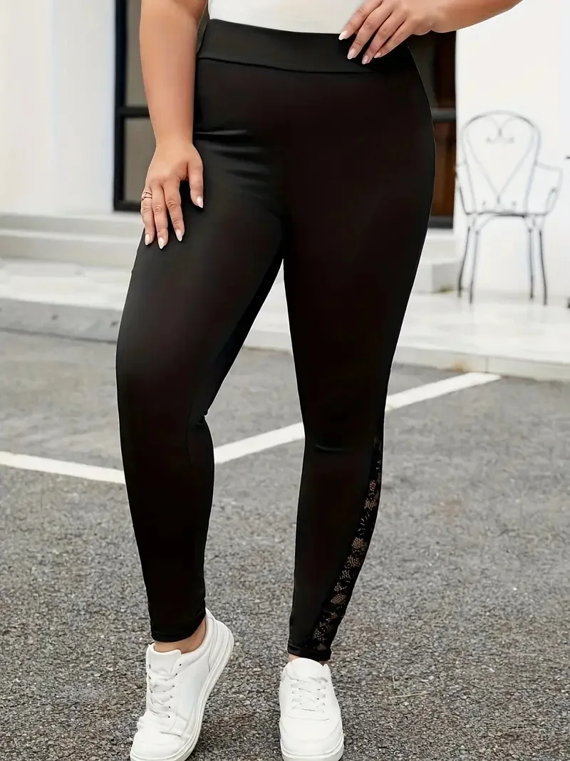 GIBSIE Plus Size Ladies Black Contrast Lace Leggings For Women Spring Summer High Waist Female Casual Skinny Leggings Bottoms - Image 3