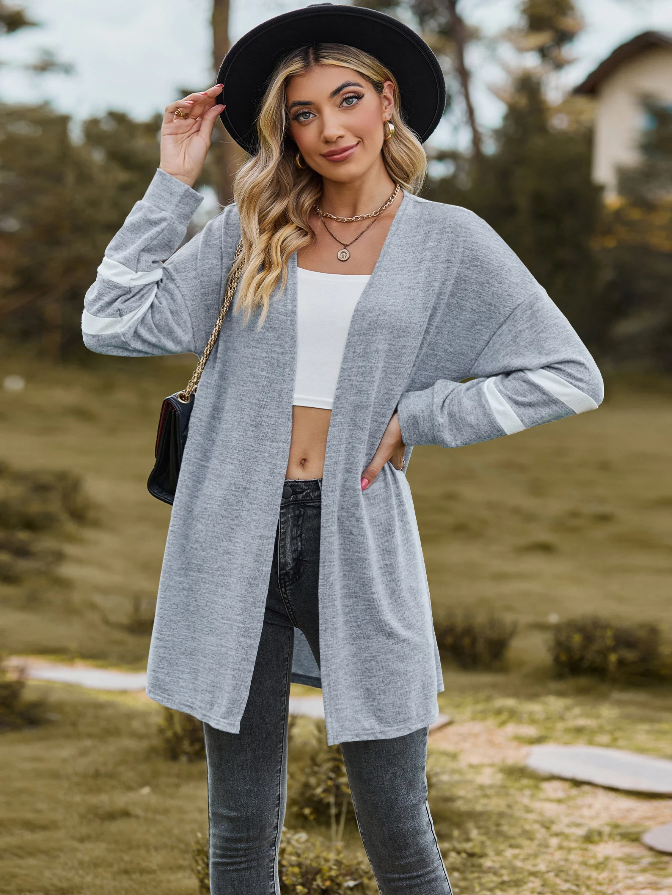 2025 Spring/Summer Collection - Boho Riche Versatile Waterfall Collar Cardigan - Color-Contrast Splicing, Regular Sleeve Knit Sw - Image 2