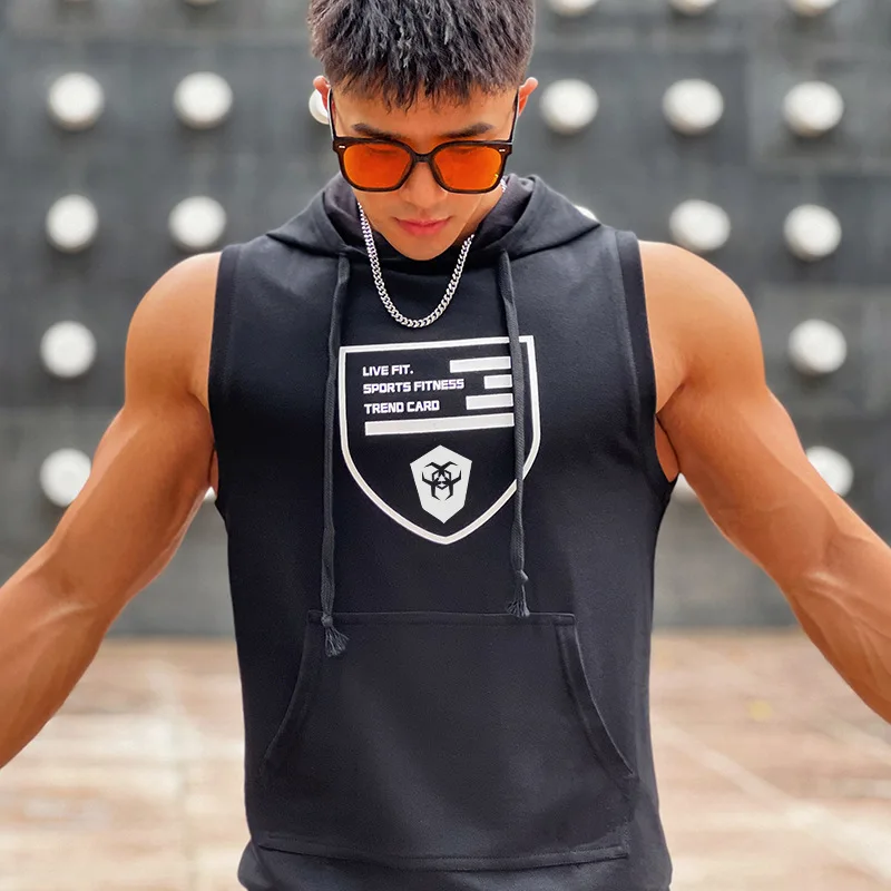 Hooded Print Cotton Gyms Clothing Mens Bodybuilding Tank Top Sleeveless Vest Sweatshirt Fitness Workout Sportswear Tops Male - Image 5