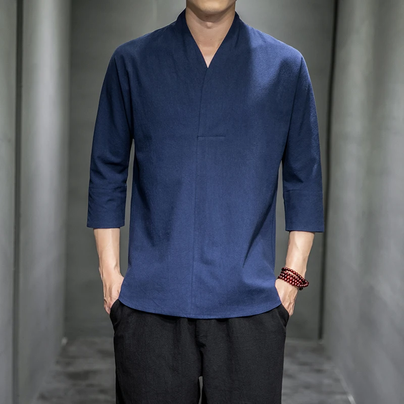 Shirts Men Solid Pullover V Neck Three Quarter Mens Kimono Shirts Traditional Streetwear Blouse Chinese Style Linen Shirts Man - Image 3