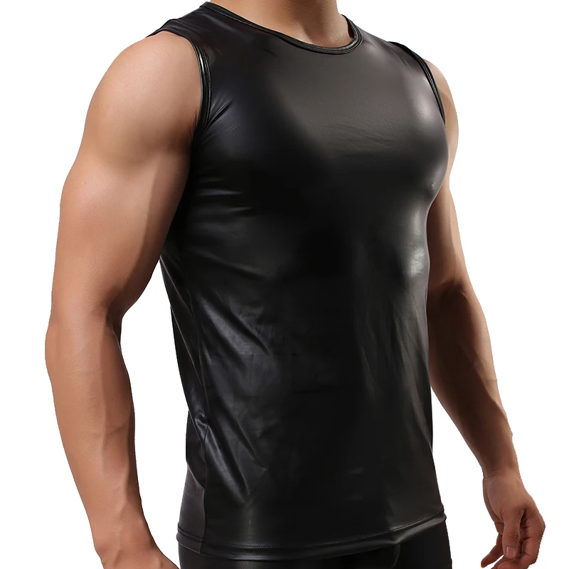 Mens Sexy PU Leather Tank Tops Sleeveless Shaping Sheath Stretch Shirts Soft Patent Leather T-shirts Sexy - Image 6